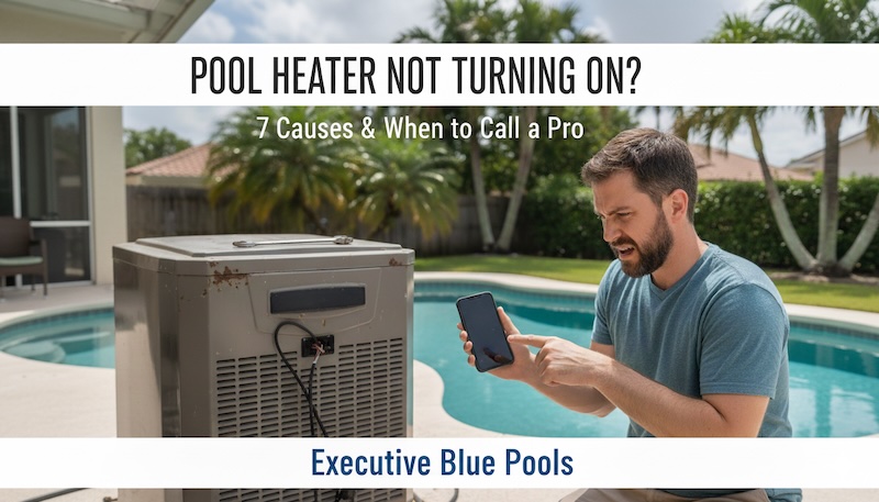 Executive Blue Pools is Frisco’s state-licensed pool heater specialist that provides same-day diagnosis when your heater won’t turn on, preventing missed pool time and costly emergency replacements. When your pool heater refuses to fire up—especially before a planned gathering or during an unexpected cold snap—the panic sets in quickly. Through our professional pool heater repair and installation services, we’ve diagnosed hundreds of North Texas heaters since 2013, and we respond within 4 hours to get your system running again. A pool heater that won’t turn on typically stems from one of seven common issues: a failed igniter that can’t create the spark, a faulty pressure switch preventing gas flow, a clogged flame sensor that can’t detect ignition, control board failure disrupting system communication, gas valve problems blocking fuel supply, thermostat malfunction preventing the heating cycle from starting, or tripped safety switches protecting against dangerous conditions. Most of these repairs take 1-3 hours once diagnosed, though some require component replacement.