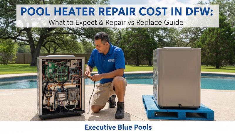 Executive Blue Pools is Frisco’s transparent pricing specialist that provides detailed written estimates within 24 hours so DFW homeowners know exactly what pool heater repairs cost before authorizing work. When your pool heater fails and you’re facing an unexpected repair bill, budget anxiety kicks in fast—especially when you’re unsure if fixing an aging heater makes financial sense compared to replacement. Through our professional pool heater repair and replacement services, we’ve helped hundreds of North Texas homeowners since 2013 make informed decisions based on honest cost assessments and clear replacement criteria, not sales pressure. Pool heater repair costs in DFW range from modest investments for simple component replacements like igniters or flame sensors to more significant expenses for control boards or gas valves. The average repair typically costs a fraction of new heater installation, but the key decision factor isn’t just the repair price—it’s understanding when continued repairs stop making financial sense. A heater under 8 years old with a single component failure usually deserves repair, while a 12-15 year old unit requiring its third repair in a year signals it’s time for replacement. This guide breaks down typical repair costs by component, explains the factors that affect pricing in North Texas, and provides a clear decision framework so you can confidently choose between repair and replacement without second-guessing whether you’re making the right financial decision.